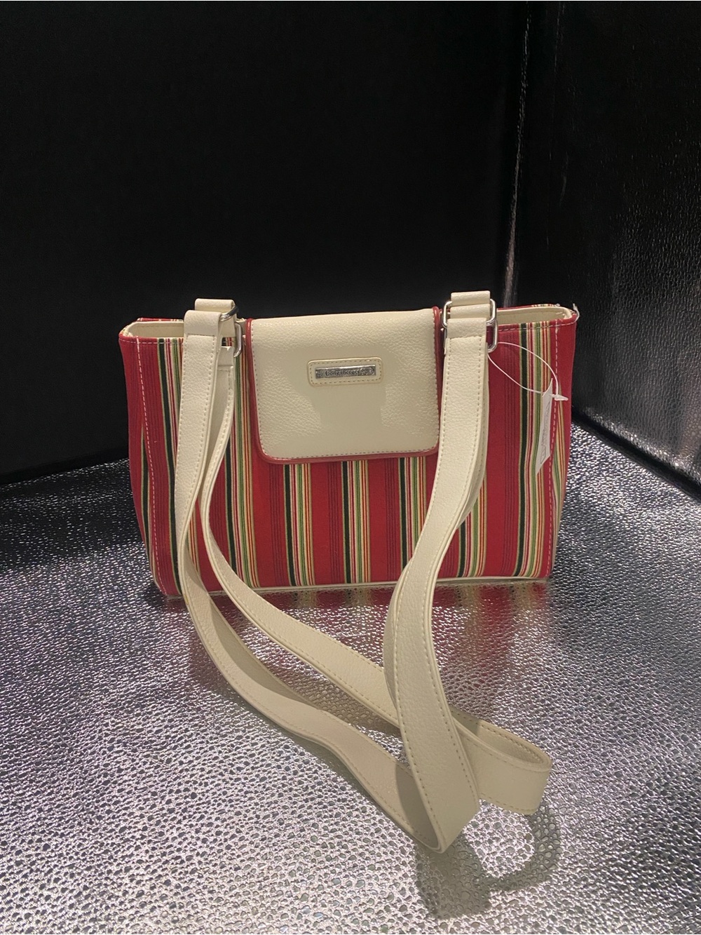 Longaberger Striped Red Cream Green striped Shoulder Bag Holiday